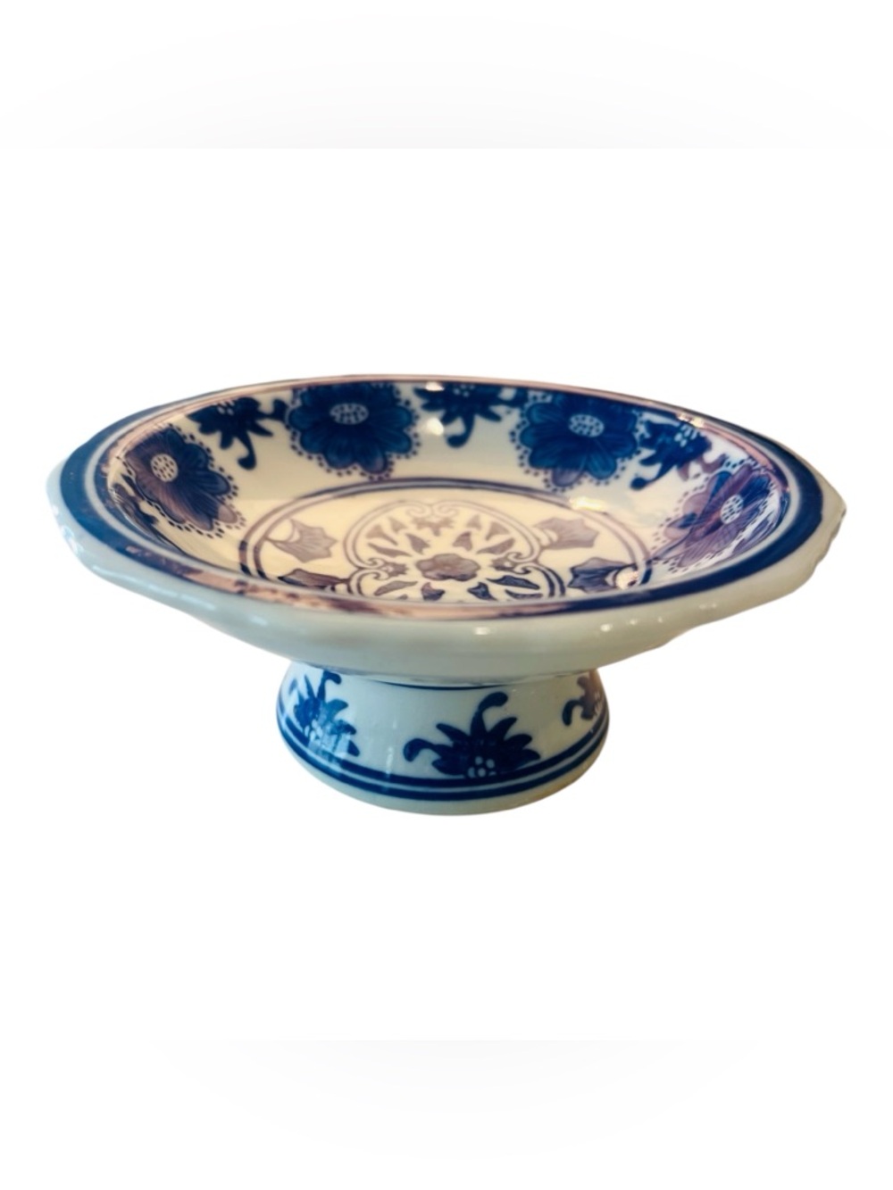 Vintage Blue White Porcelain Tazza Pedestal Bowl Floral Chinoiserie Dish